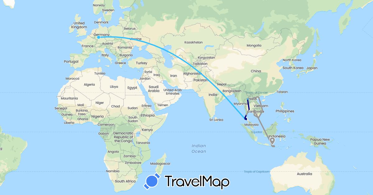 TravelMap itinerary: driving, plane, boat in Germany, Indonesia, Cambodia, Laos, Thailand, Vietnam (Asia, Europe)